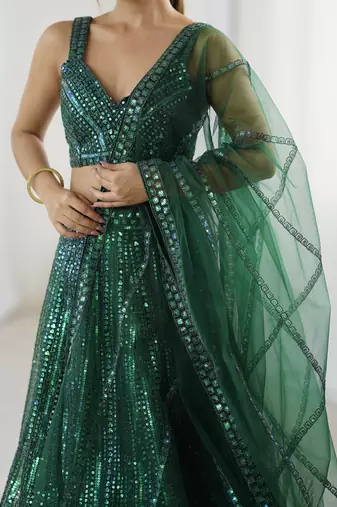Bottle Green Net Rainbow Sequin Dori Work Lehenga Choli
