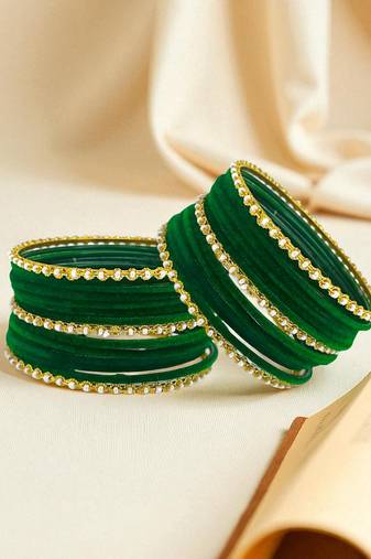 Set of 30 green velvet & gold plated bangles