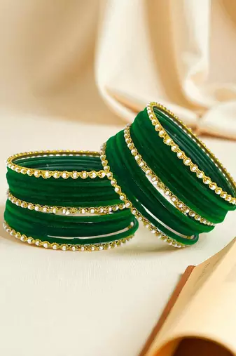 Set of 30 green velvet & gold plated bangles