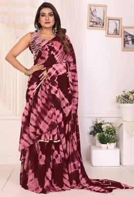 ready to wear maroon shibori printed ruffled stitched saree with sequin unstitched blouse 1