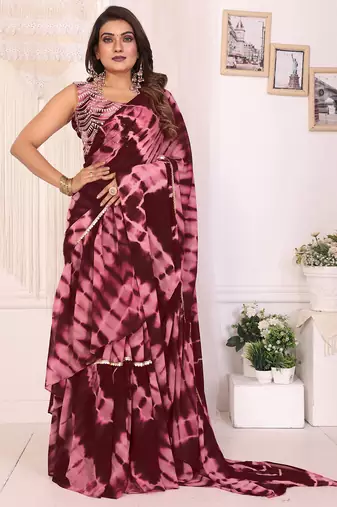 maroon shibori printed ruffled stitched ready to wear saree with sequin unstitched blouse