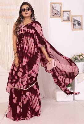 ready to wear maroon shibori printed ruffled stitched saree with sequin unstitched blouse 2