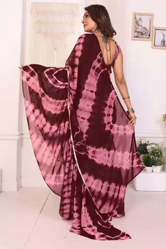ready to wear maroon shibori printed ruffled stitched saree with sequin unstitched blouse