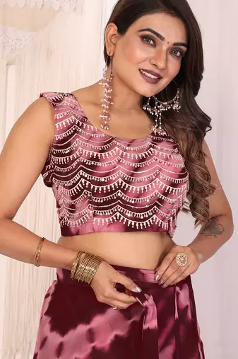 ready to wear maroon shibori printed ruffled stitched saree with sequin unstitched blouse