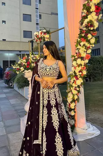 Wine Kasturi Silk Thread  Sequin Embroidered Lehenga Choli