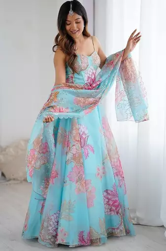 Sky Blue Organza Floral Digital Printed Lehenga choli