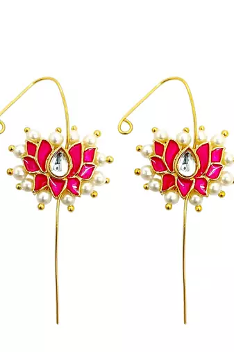 Gold plated pink lotus design needle ear cuff