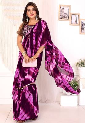 ready to wear wine shibori printed ruffled stitched saree with sequin unstitched blouse 1