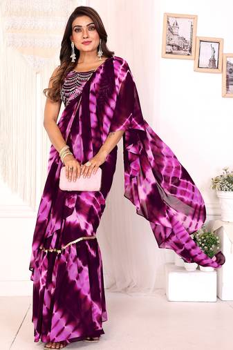 wine shibori printed ruffled stitched ready to wear saree with sequin unstitched blouse