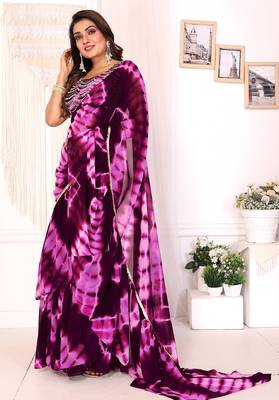 ready to wear wine shibori printed ruffled stitched saree with sequin unstitched blouse 2