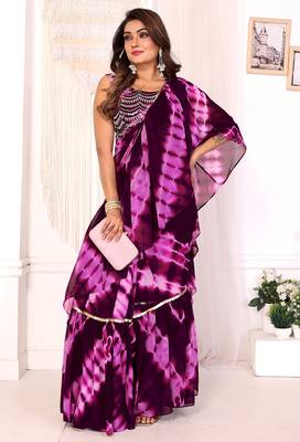 ready to wear wine shibori printed ruffled stitched saree with sequin unstitched blouse 4