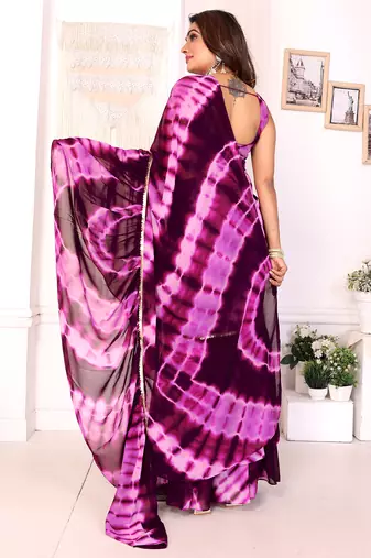 ready to wear wine shibori printed ruffled stitched saree with sequin unstitched blouse