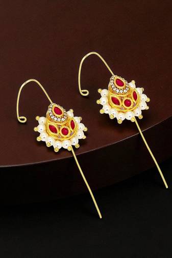 Gold plated pink kundan studded needle ear cuff