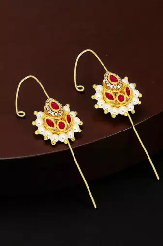 Gold plated pink kundan studded needle ear cuff