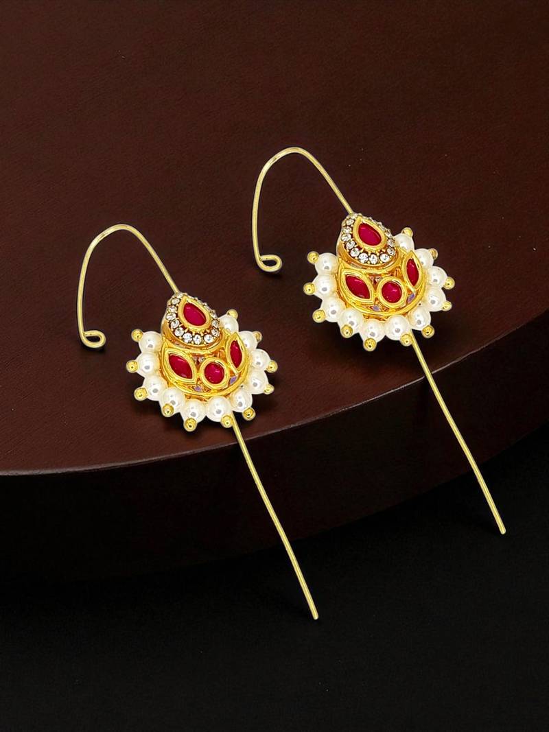 Gold plated pink kundan studded needle ear cuff