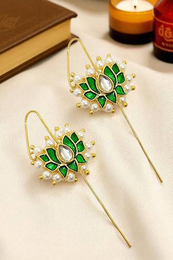 Gold plated green lotus design needle ear cuff