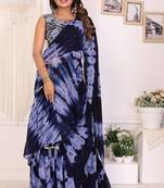 ready to wear navu blue shibori printed ruffled stitched saree with sequin unstitched blouse