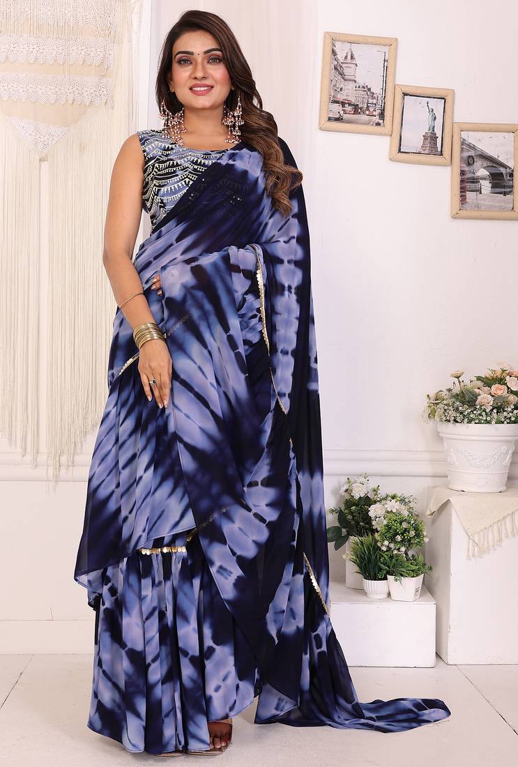 navu blue shibori printed ruffled stitched ready to wear saree with sequin unstitched blouse