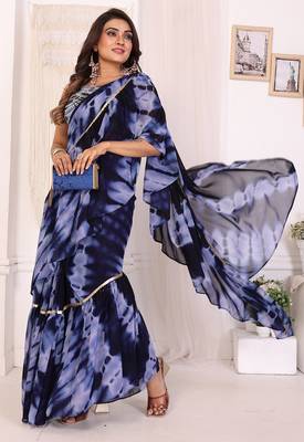 ready to wear navu blue shibori printed ruffled stitched saree with sequin unstitched blouse 2