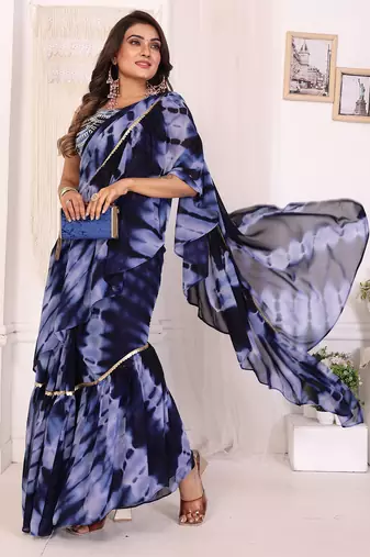 ready to wear navu blue shibori printed ruffled stitched saree with sequin unstitched blouse