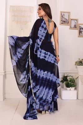 ready to wear navu blue shibori printed ruffled stitched saree with sequin unstitched blouse 4