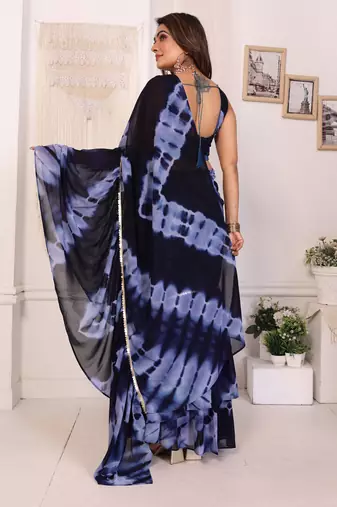 ready to wear navu blue shibori printed ruffled stitched saree with sequin unstitched blouse