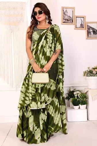 mehendi shibori printed ruffled stitched ready to wear saree with sequin unstitched blouse