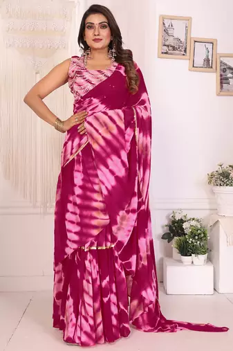 gajari shibori printed ruffled stitched ready to wear saree with sequin unstitched blouse