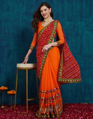 Riva enterprise women's half and half bandhani pallu red  and orange color saree 1