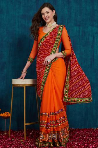 Riva enterprise women's half and half bandhani pallu red  and orange color saree