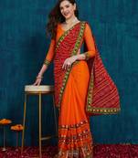 Riva enterprise women's half and half bandhani pallu red  and orange color saree
