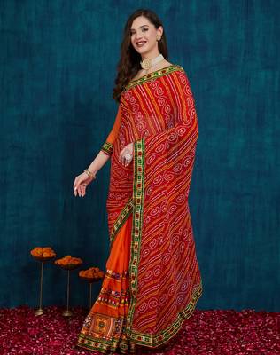 Riva enterprise women's half and half bandhani pallu red  and orange color saree 3