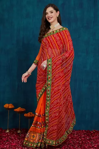 Riva enterprise women's half and half bandhani pallu red  and orange color saree