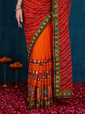 Riva enterprise women's half and half bandhani pallu red  and orange color saree 4
