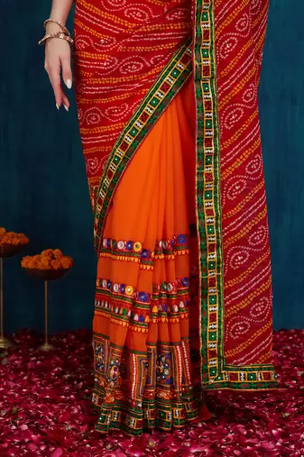 Riva enterprise women's half and half bandhani pallu red  and orange color saree