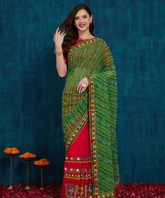 Riva enterprise women's half and half bandhani pallu green and pink color saree 1