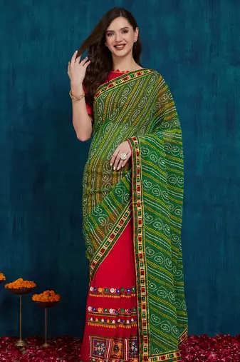 Riva enterprise women's half and half bandhani pallu green and pink color saree