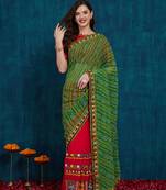 Riva enterprise women's half and half bandhani pallu green and pink color saree