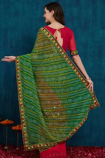 Riva enterprise women's half and half bandhani pallu green and pink color saree