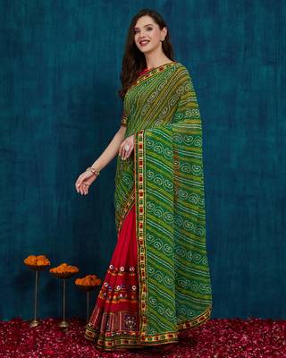 Riva enterprise women's half and half bandhani pallu green and pink color saree 3
