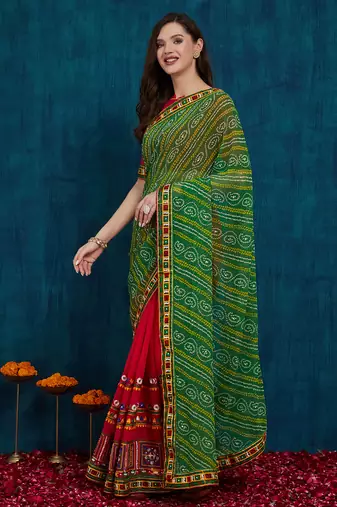 Riva enterprise women's half and half bandhani pallu green and pink color saree