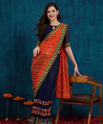 Riva enterprise women's half and half bandhani pallu orange  and navy blue color saree 1