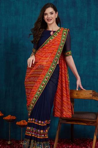 Riva enterprise women's half and half bandhani pallu orange  and navy blue color saree