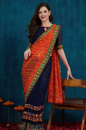 Riva enterprise women's half and half bandhani pallu orange  and navy blue color saree