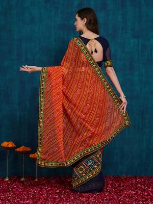 Riva enterprise women's half and half bandhani pallu orange  and navy blue color saree 2