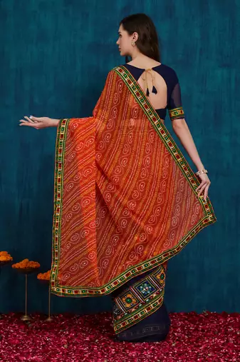 Riva enterprise women's half and half bandhani pallu orange  and navy blue color saree