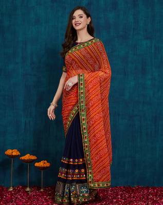 Riva enterprise women's half and half bandhani pallu orange  and navy blue color saree 3