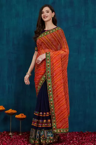 Riva enterprise women's half and half bandhani pallu orange  and navy blue color saree