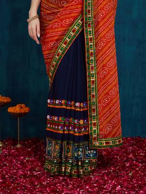 Riva enterprise women's half and half bandhani pallu orange  and navy blue color saree 4