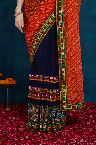 Riva enterprise women's half and half bandhani pallu orange  and navy blue color saree